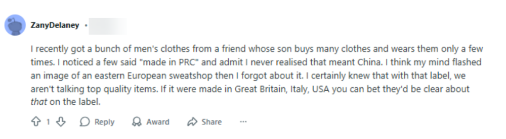 Reddit comment on made in PRC