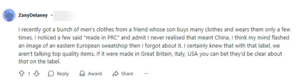 Reddit comment on made in PRC