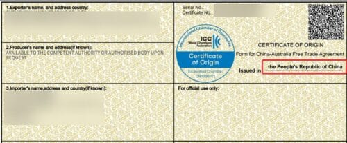 certificate of origin with People's Republic of China