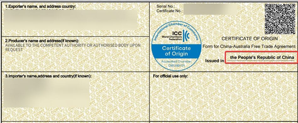 certificate of origin with People's Republic of China