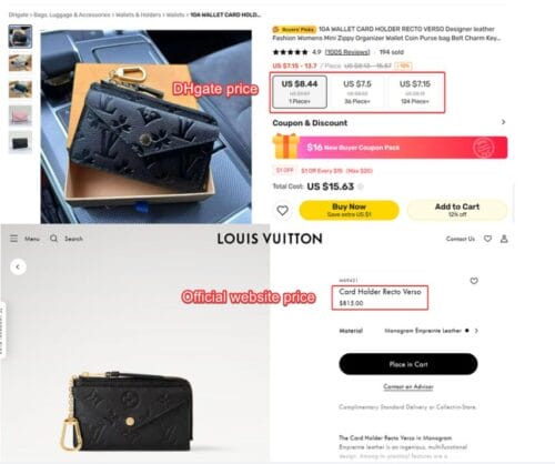 comparison of price of Dhgate and official website