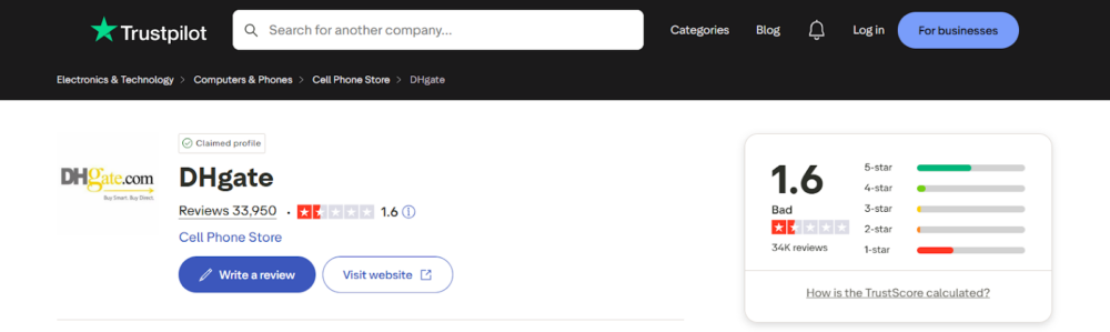 Dhgate trustpilot score