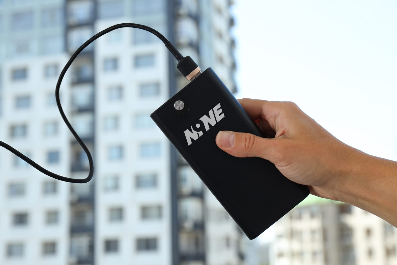 Branded custom power bank, showcasing portable charging design with printed logo.