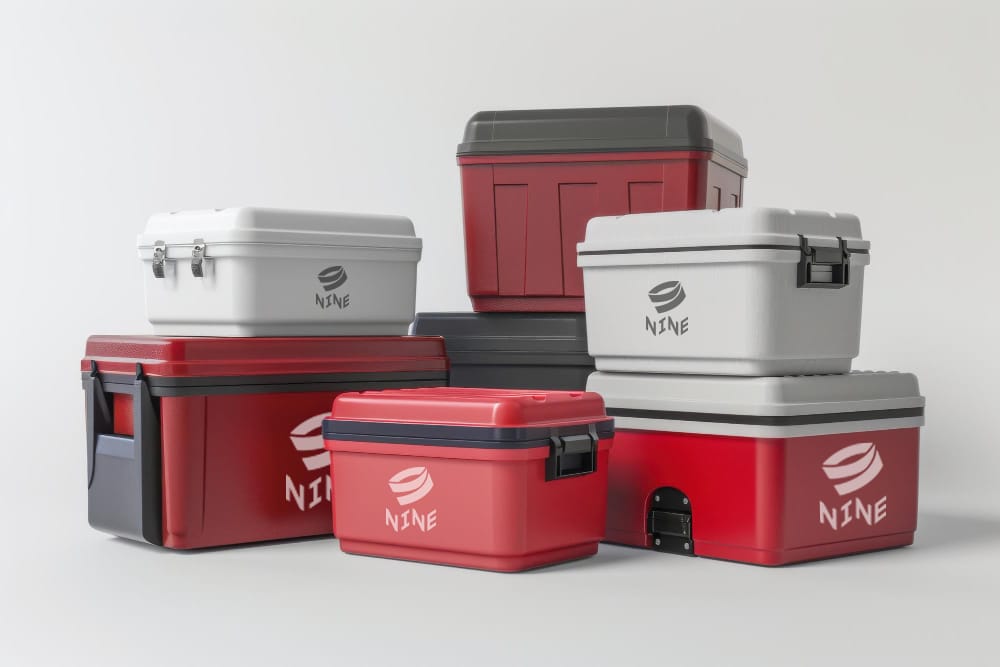 Stack of red and gray custom coolers with branded logos, showcasing durable insulated containers for