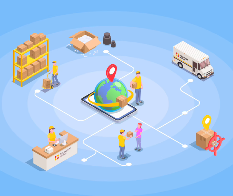 Conceptual image of a global delivery network, with a central phone displaying a map, linked to warehouse workers, a delivery truck, and packages being shipped worldwide.