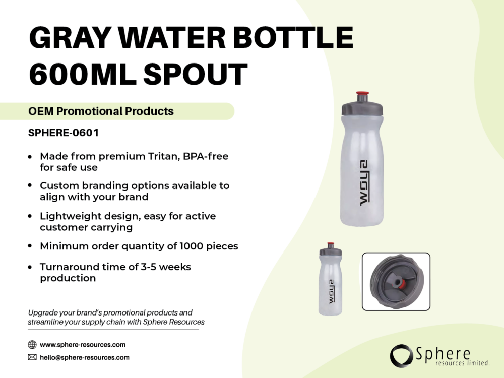 GRAY WATER BOTTLE 600ML SPOUT SOCIAL GRAPHICS