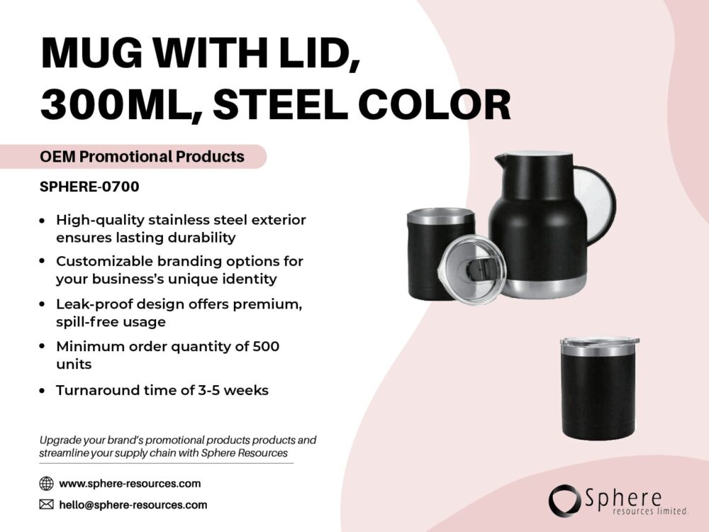 MUG WITH LID, 300ML, STEEL COLOR Social Graphic
