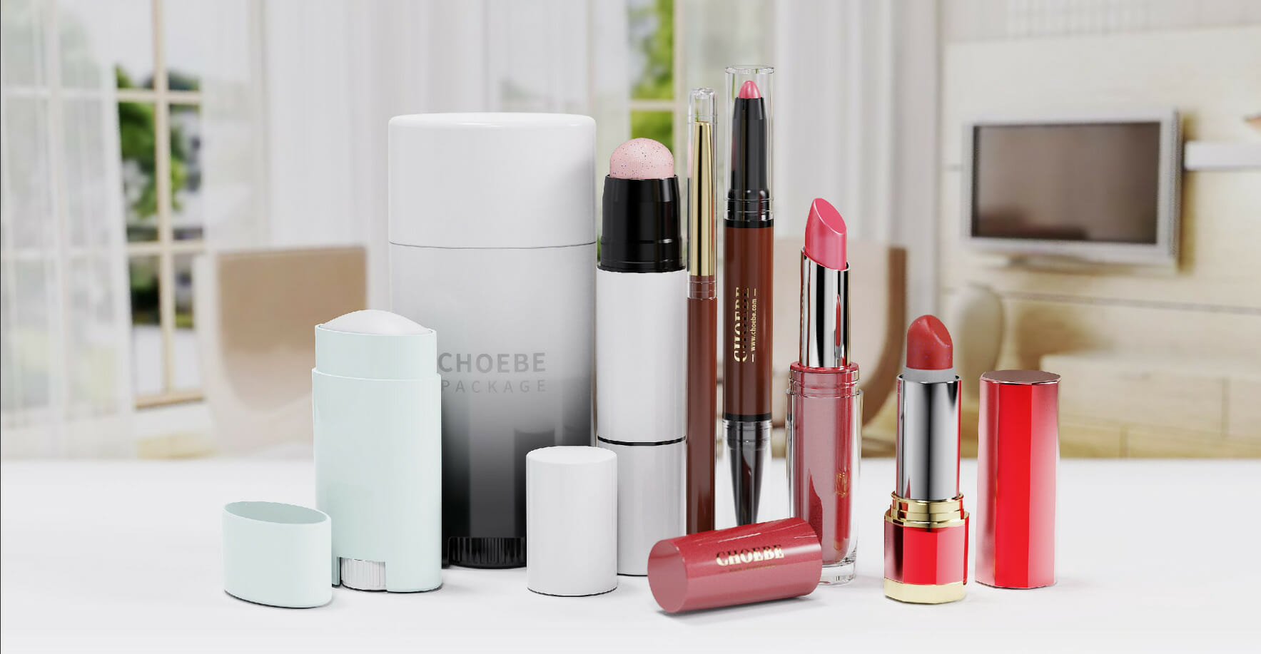 Various makeup items and custom applicators displayed on a table in an elegant living room.