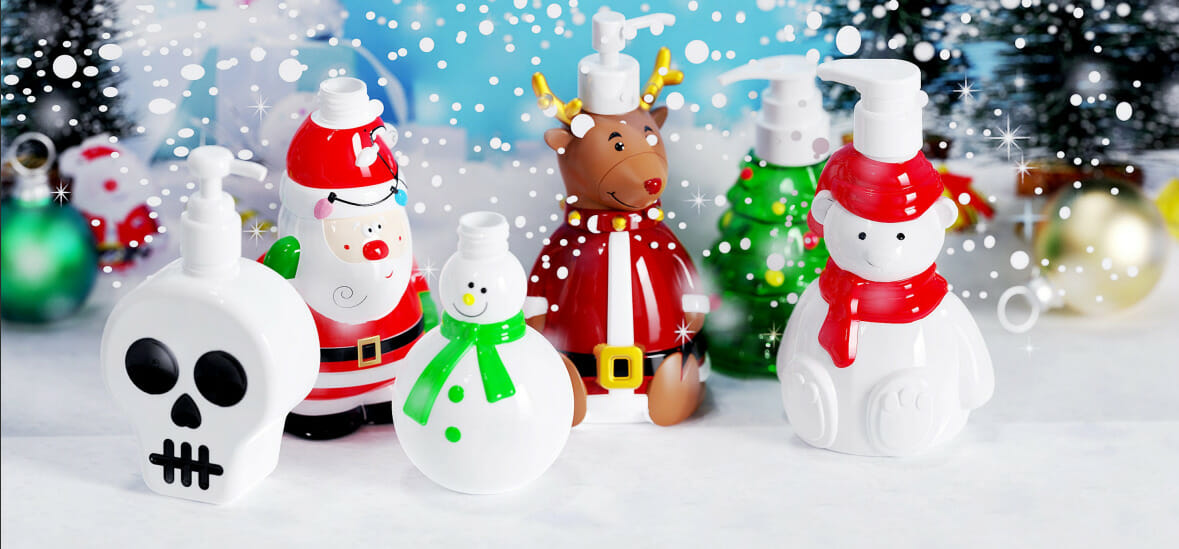 Various custom soap dispensers featuring holiday characters like Santa
