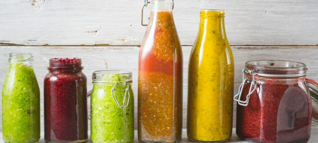 Various sauces and condiments stored in custom glass jars arranged on a wooden surface.