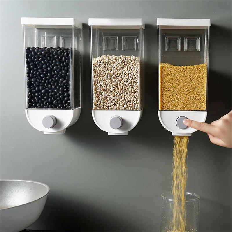 Contemporary kitchen with wall mounted cereal dispensers