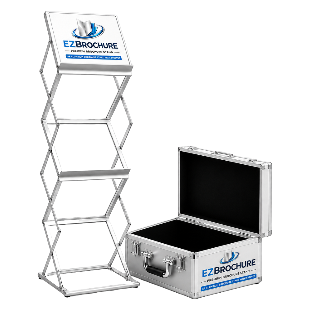 A4 Aluminum Brochure Stand with Shelves Front