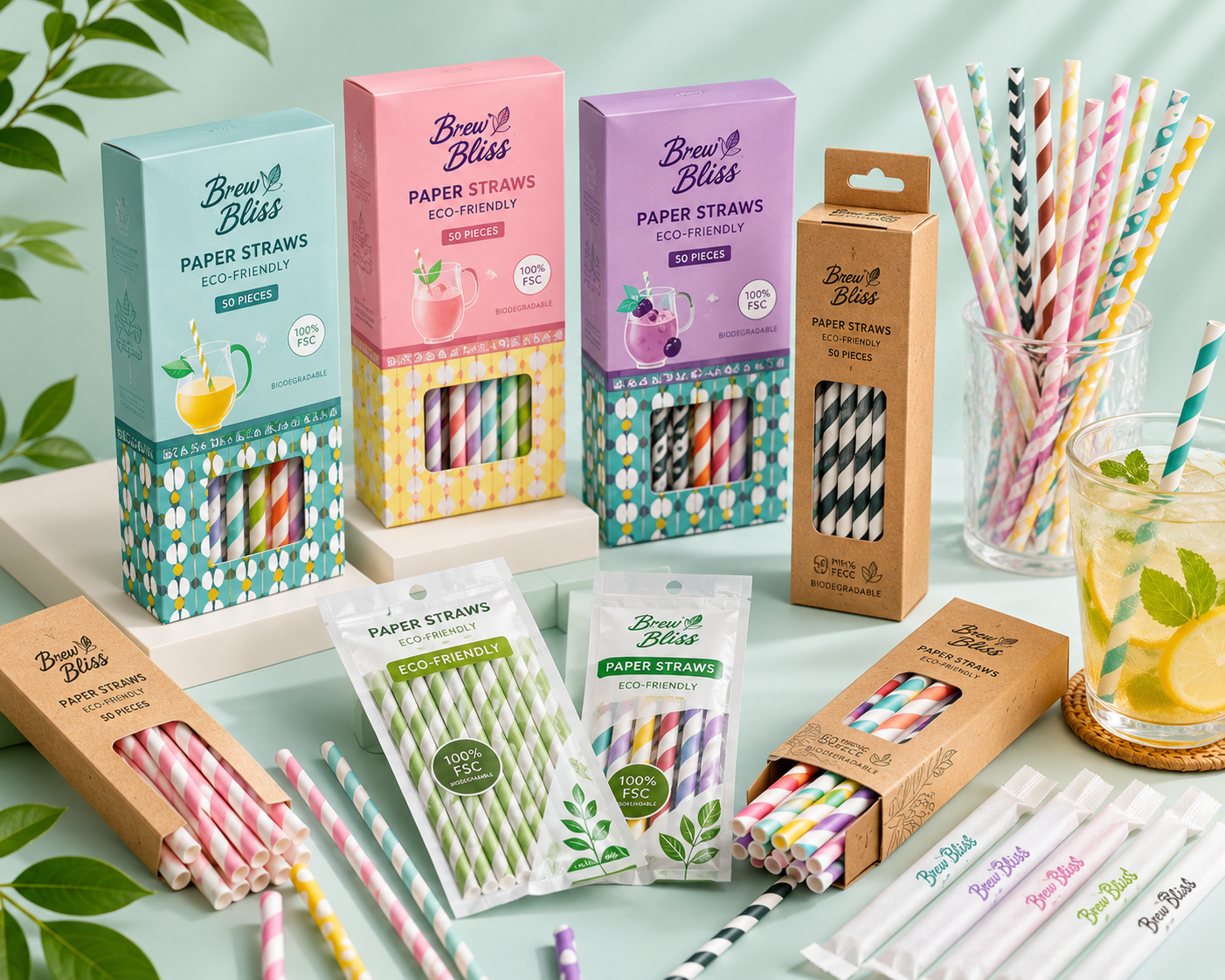 Striped Paper Straws with Individual Packaging Combined