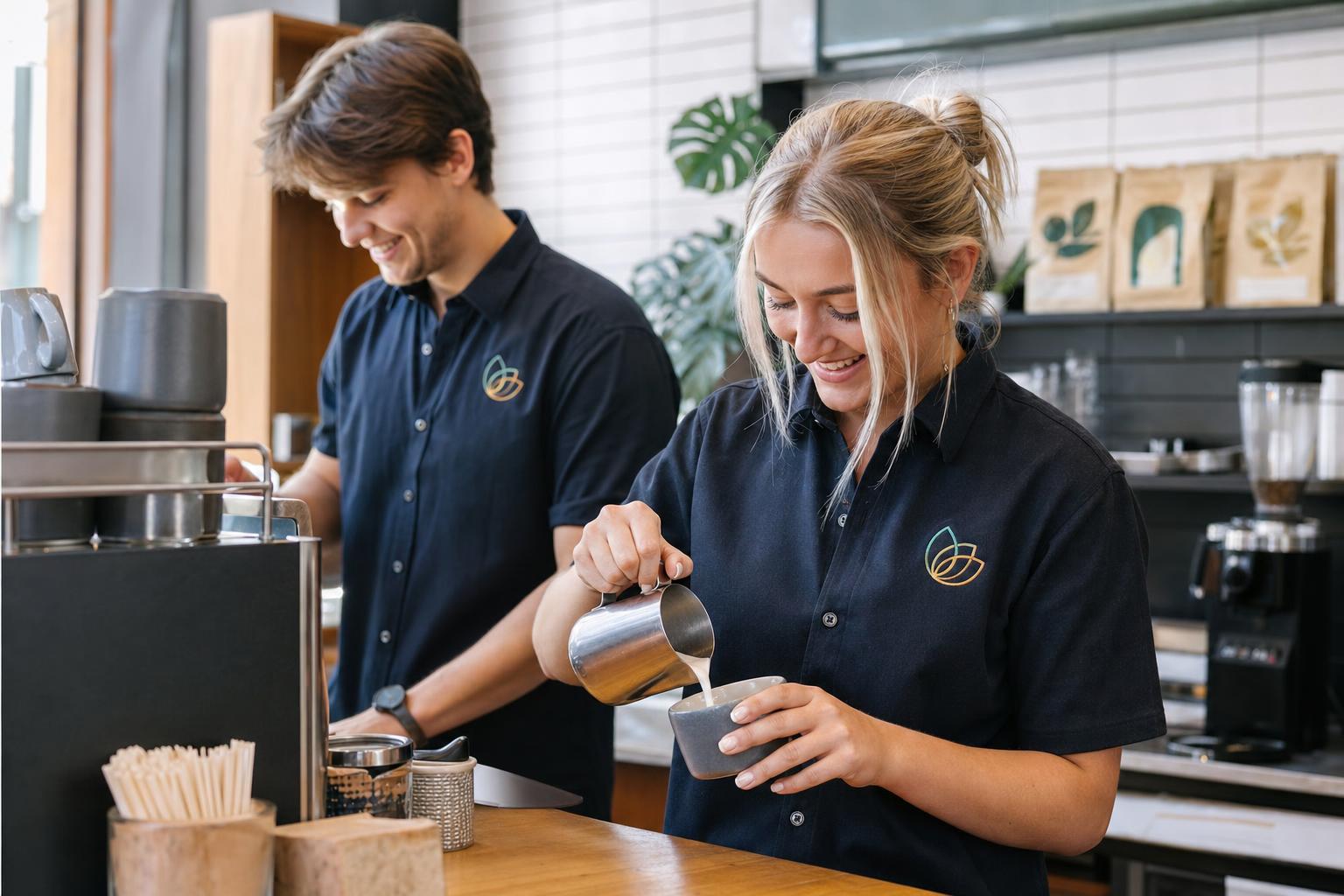 Hospitality staff wearing matching custom branded work uniforms with an embroidered logo.