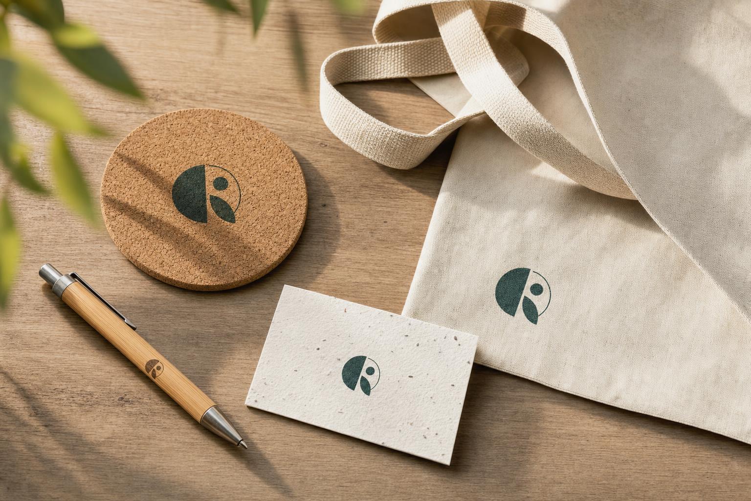 Custom branded eco promotional items including a bamboo pen, cork coaster and recycled tote, printed with the same logo.