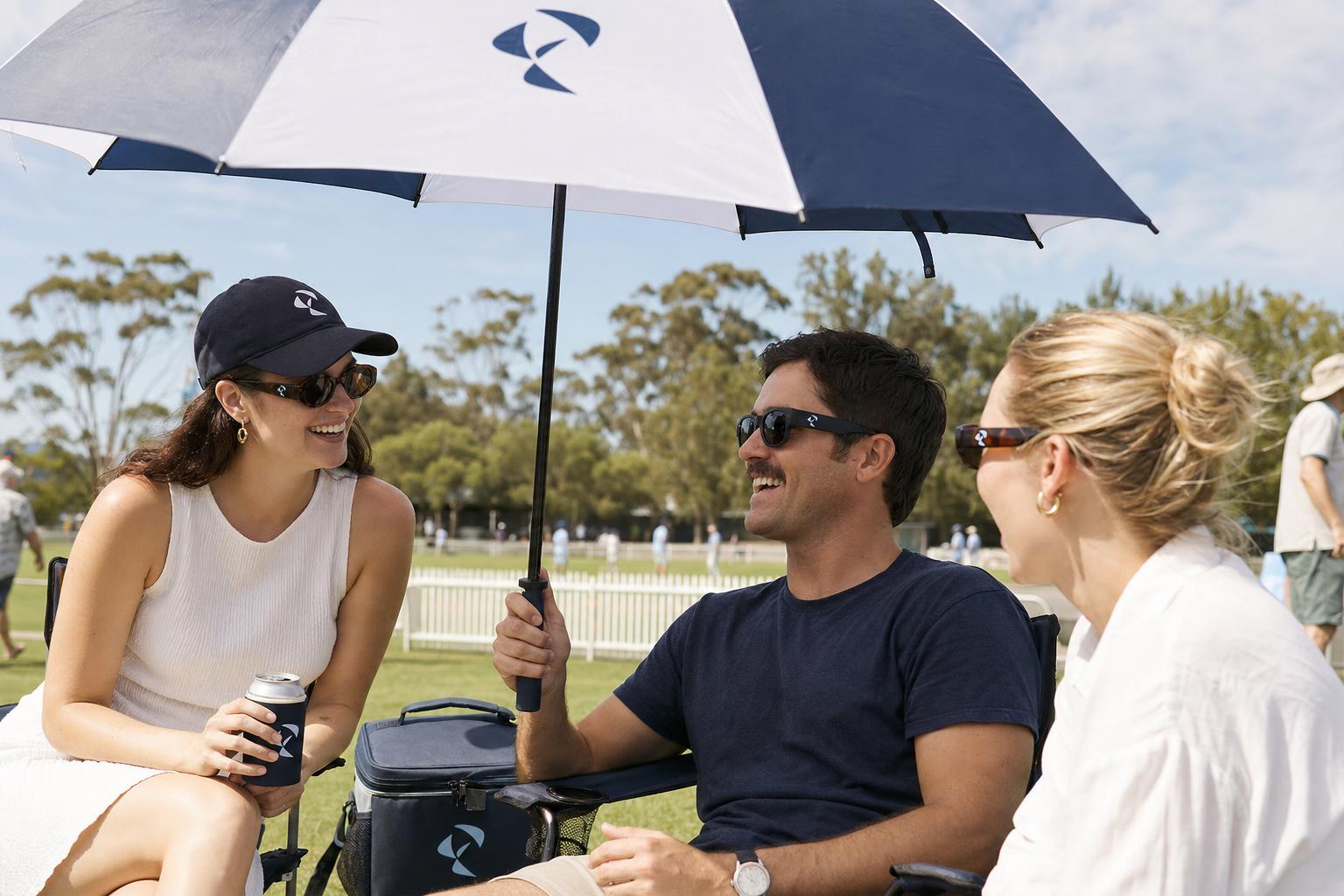 People at an outdoor event using custom branded umbrellas, cooler bags and sunglasses.