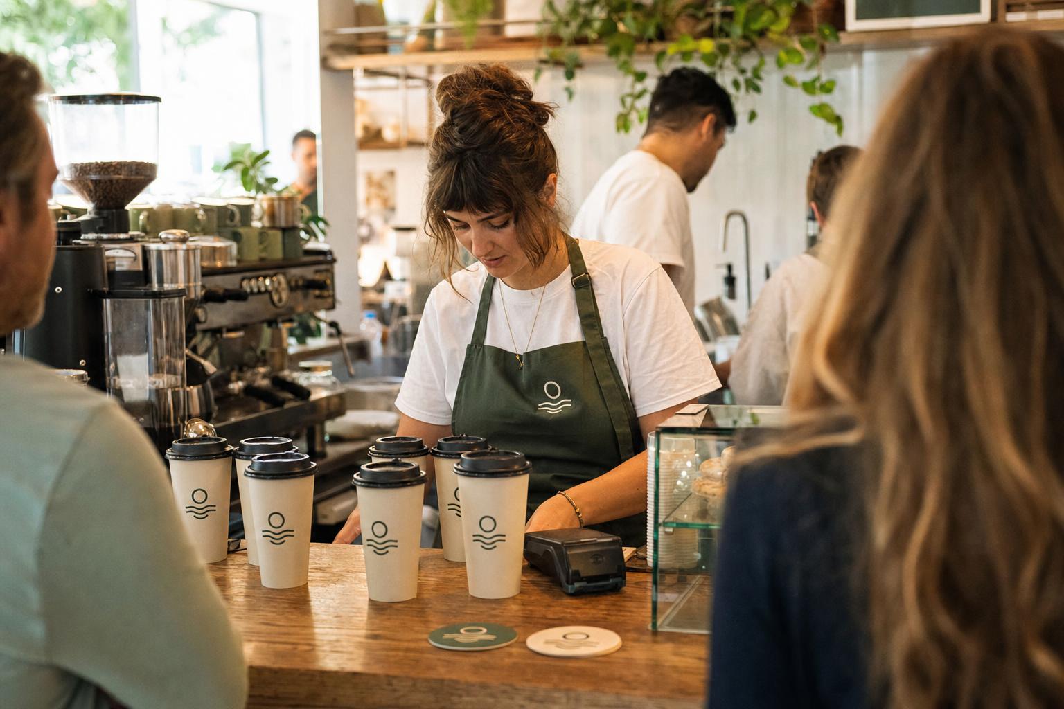 Cafe counter with custom branded takeaway cups, coasters and a branded apron worn by a barista.