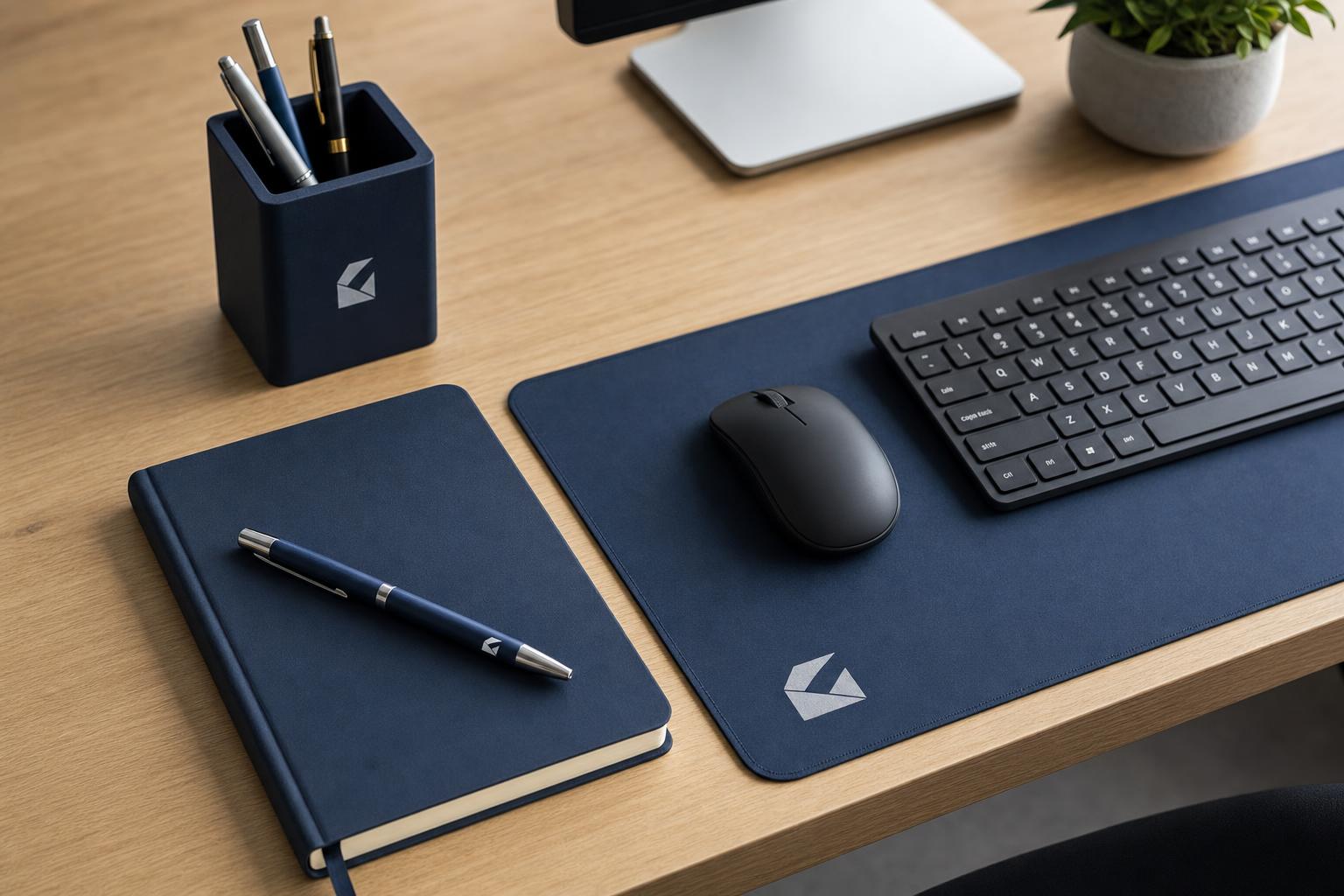 Desk with custom branded notebook, pen, mouse mat and desk organiser printed with a company logo.