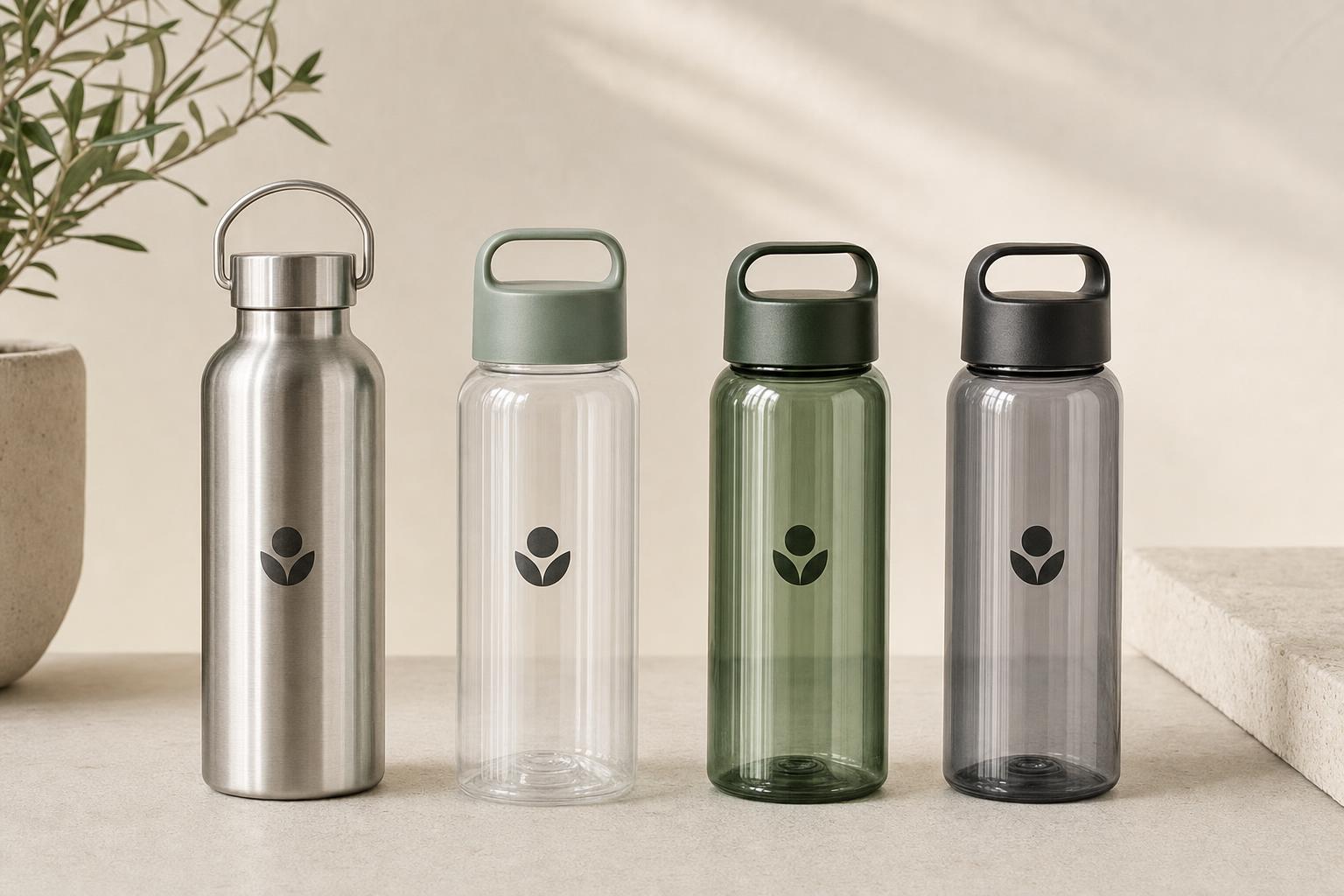 Custom branded reusable drink bottles in steel and recycled plastic, printed with a club logo.