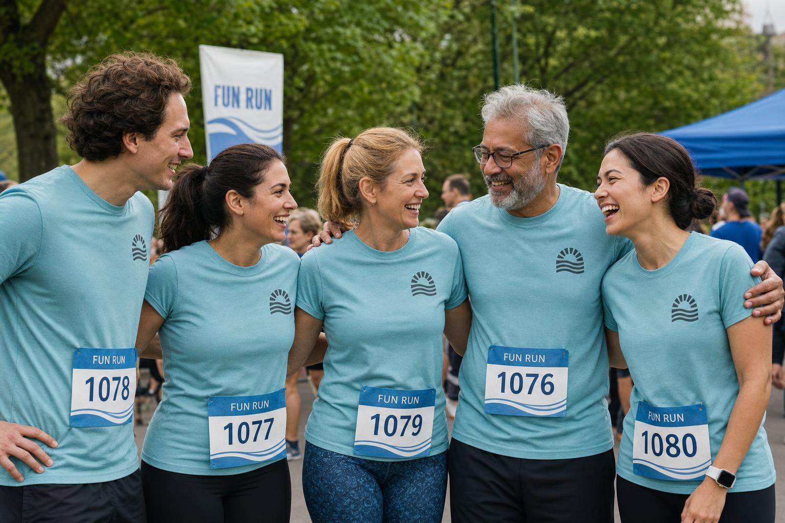 Group wearing matching custom printed t-shirts with a screen-printed logo at an event.