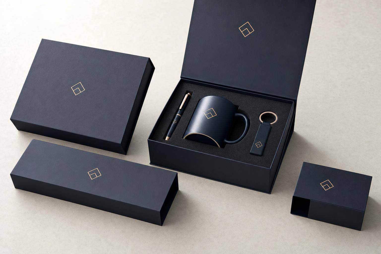 Custom branded gift boxes and sleeves with a printed logo, holding branded merchandise.