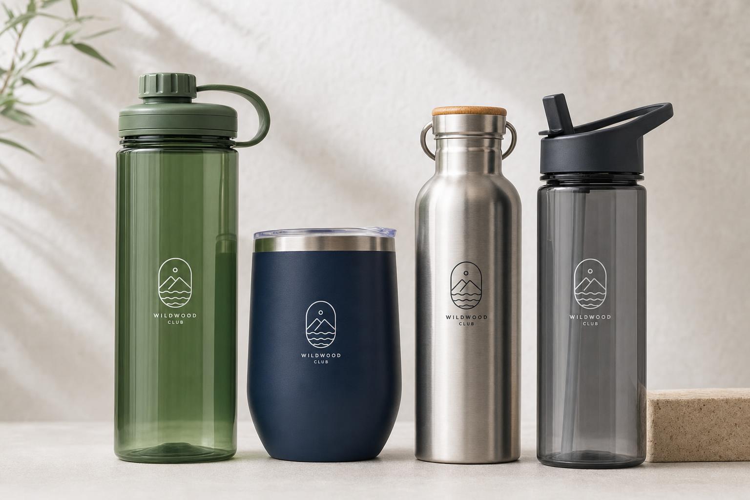 Custom branded reusable drink bottles and tumblers in recycled materials, printed with a club logo.