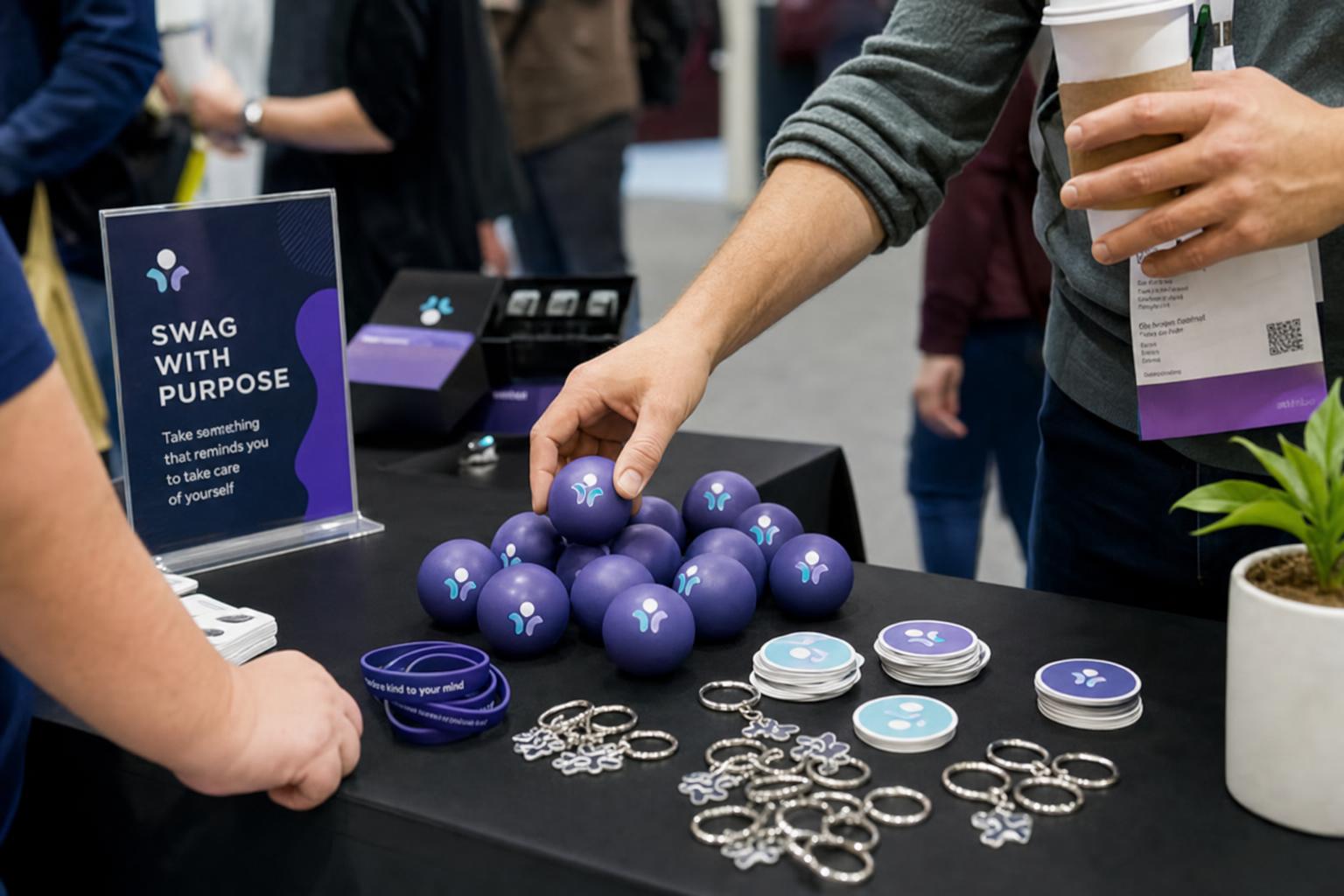 Attendee taking custom branded giveaway items from an expo table, including keyrings, stickers and wristbands.