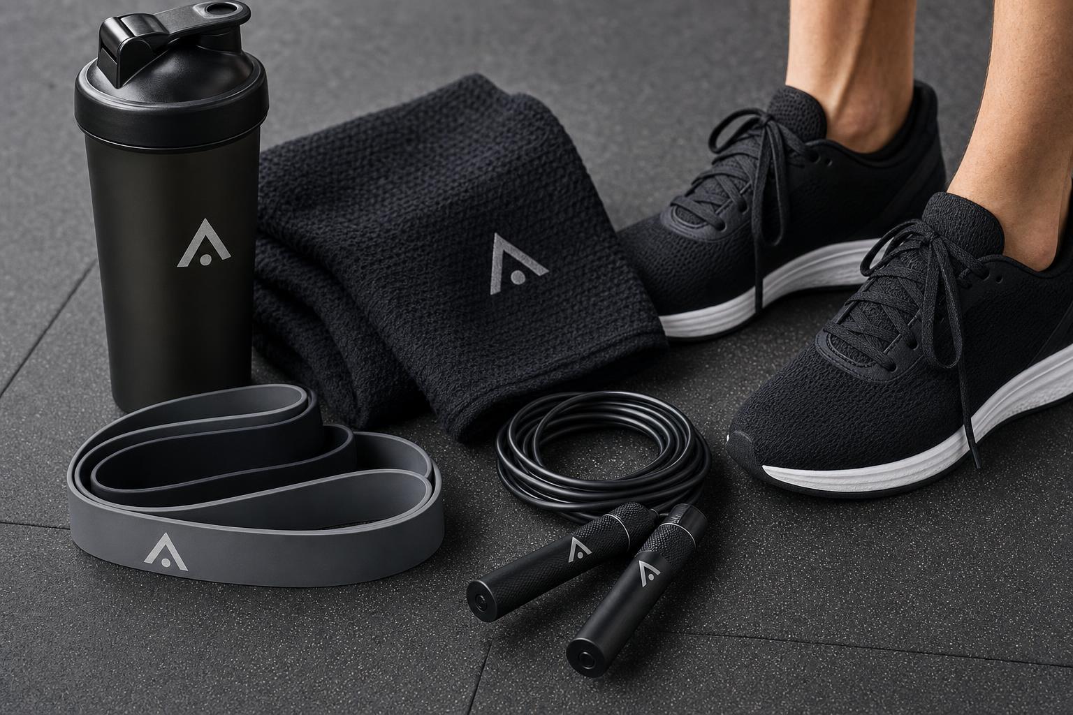 Custom branded fitness accessories including resistance bands, a shaker bottle and a gym towel.