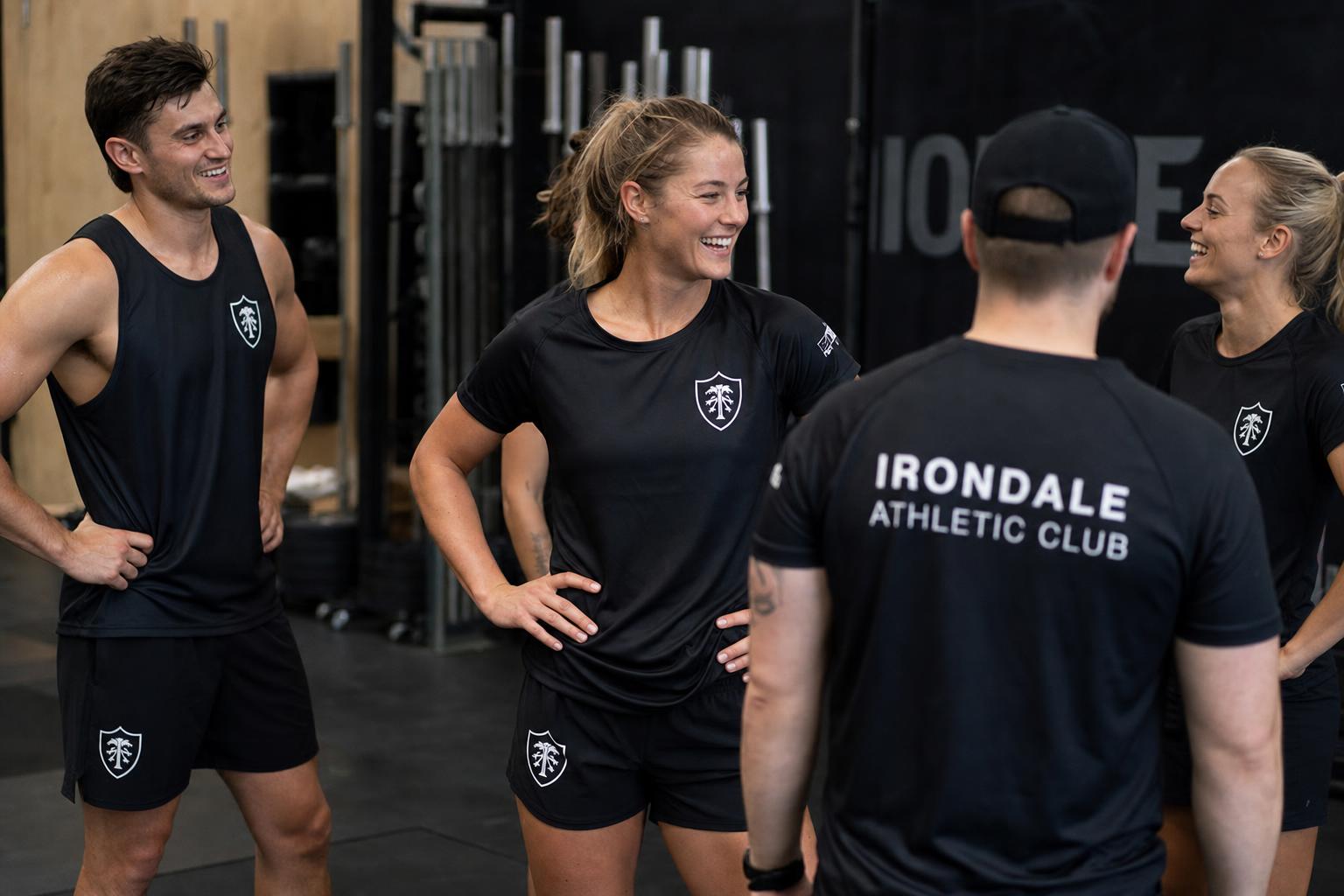 Team wearing matching custom activewear with a club crest, training on a field.