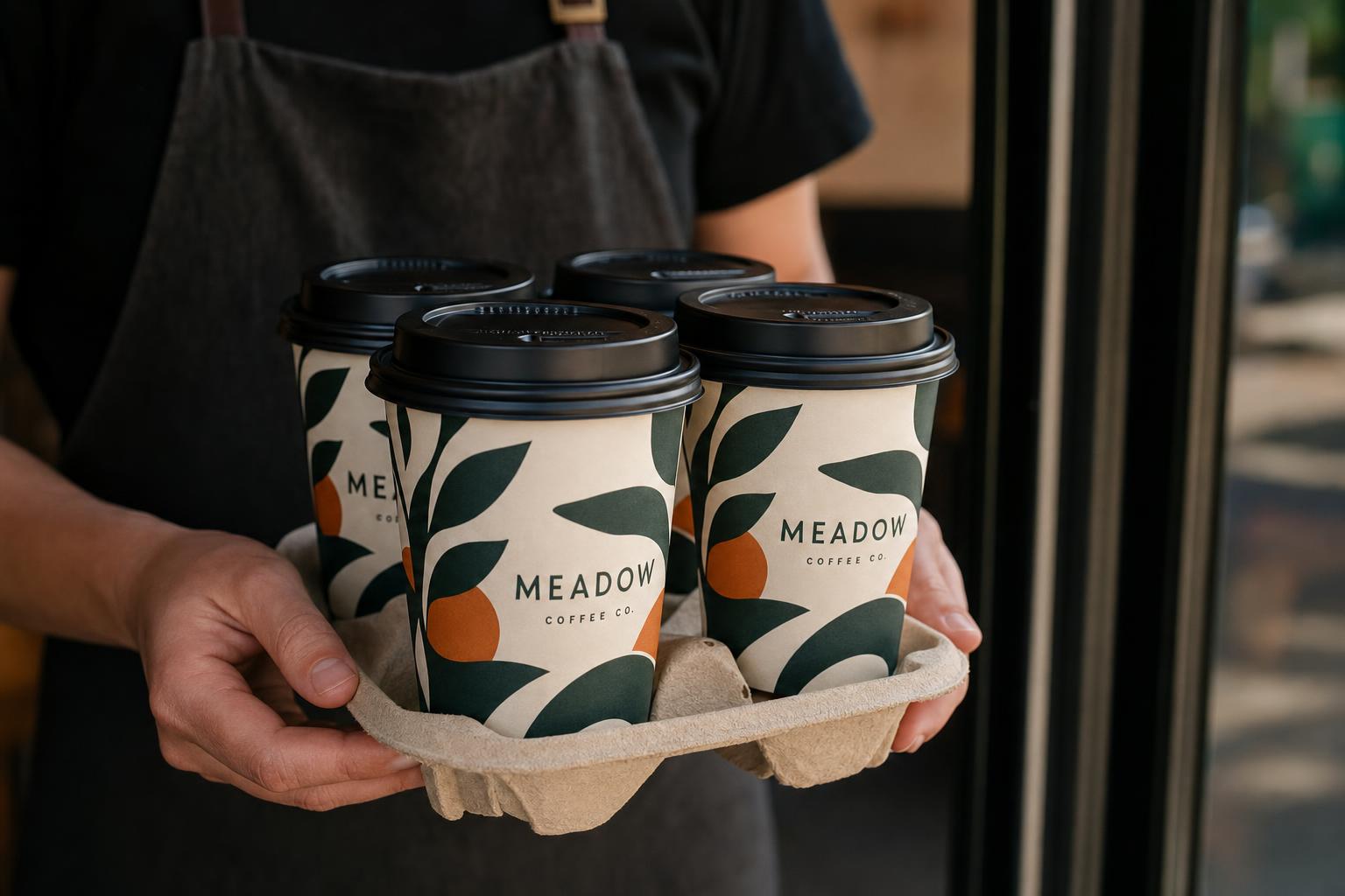 Custom branded paper takeaway coffee cups with a cafe logo, carried in a takeaway tray.