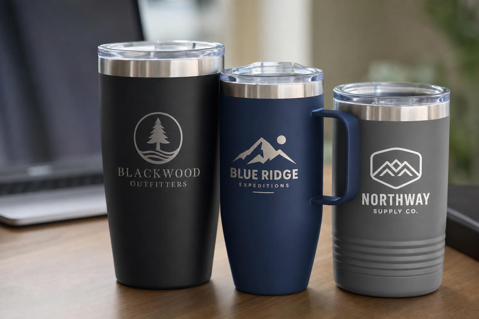 Custom branded insulated travel mugs and tumblers with printed and laser-engraved company logos.