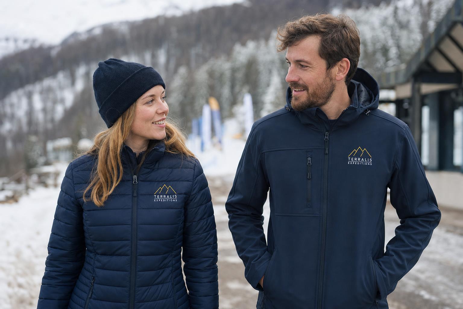 People wearing custom branded puffer and softshell jackets with an embroidered chest logo.