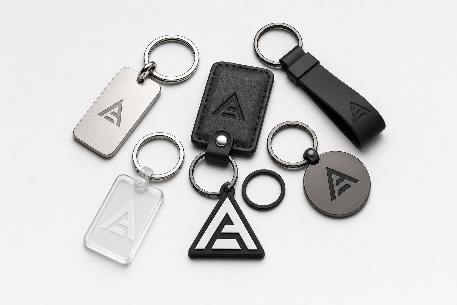 Custom branded keychains in metal, leather and acrylic, all printed with the same logo.
