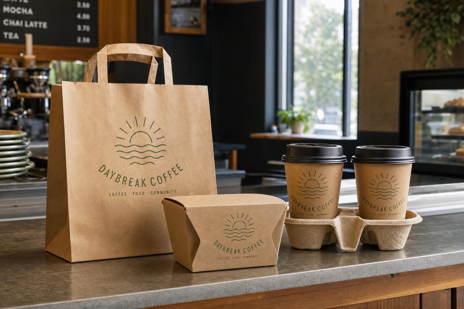 Custom branded takeaway packaging including kraft bags and food containers with a cafe logo.