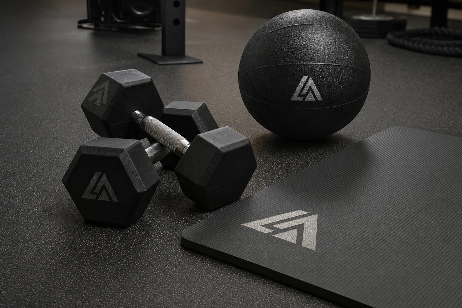 Custom branded gym equipment including dumbbells and a medicine ball with a gym logo.