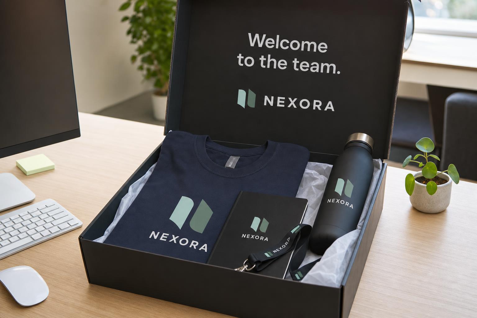Custom branded employee welcome kit with a printed t-shirt, notebook, drink bottle and lanyard in a branded box.