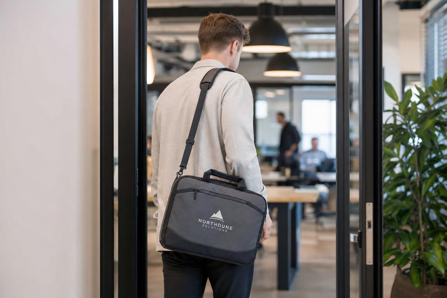 Person carrying a custom branded laptop bag with a printed company logo.