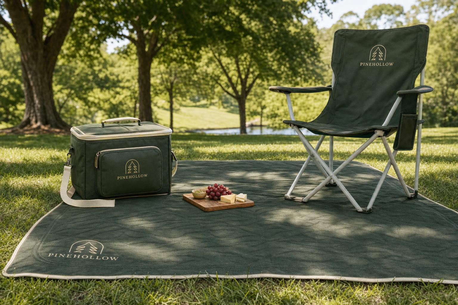 Custom branded picnic rug, cooler bag and folding chair at an outdoor event.