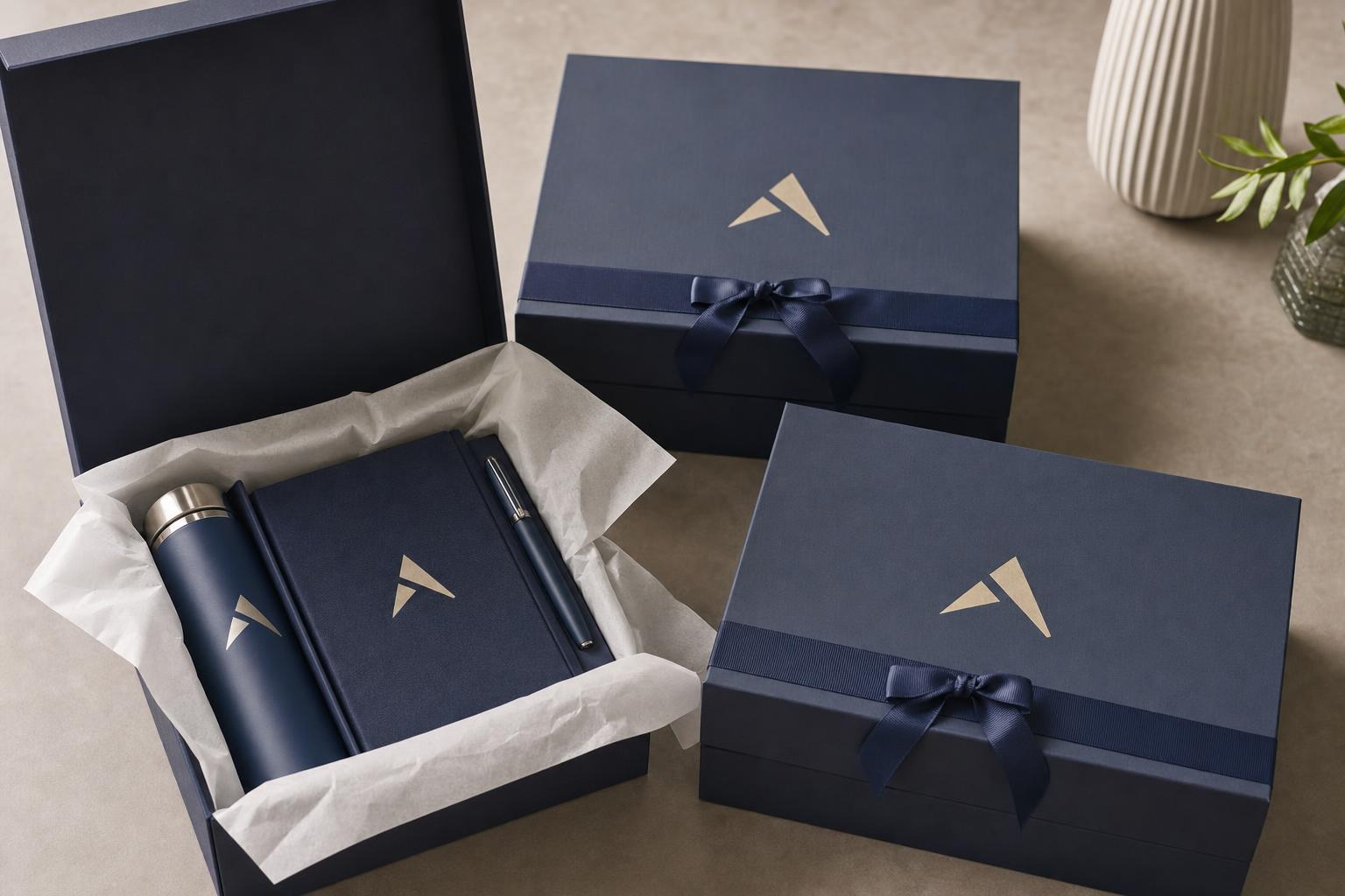 Custom branded corporate gift sets boxed and ready to send.