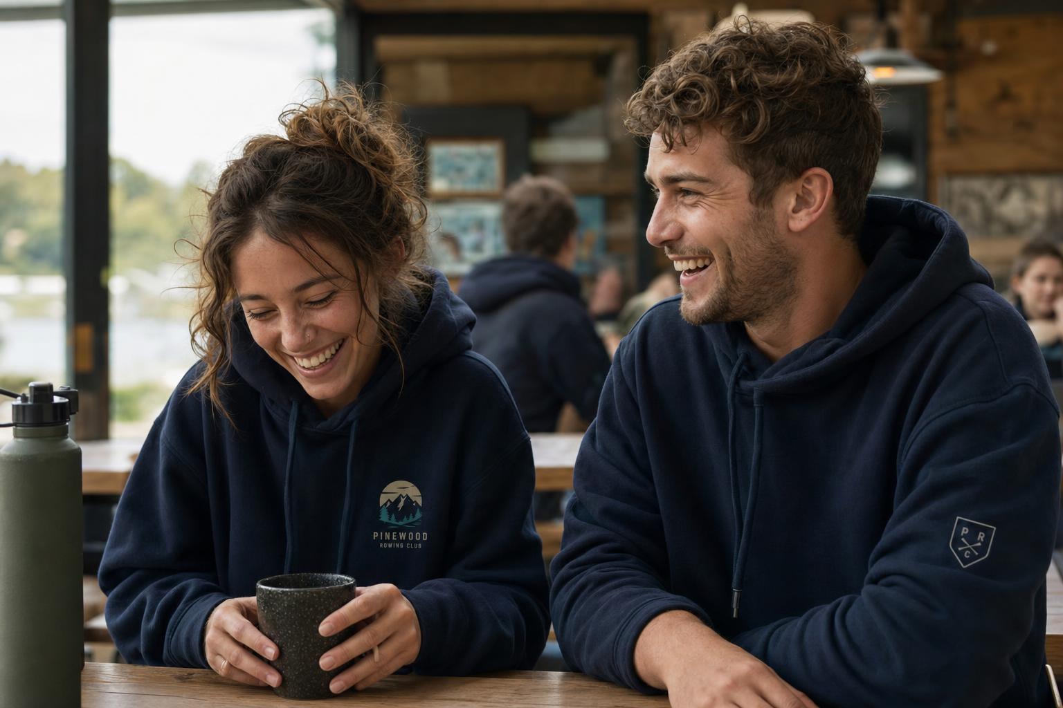 People wearing custom branded hoodies with a printed chest logo.