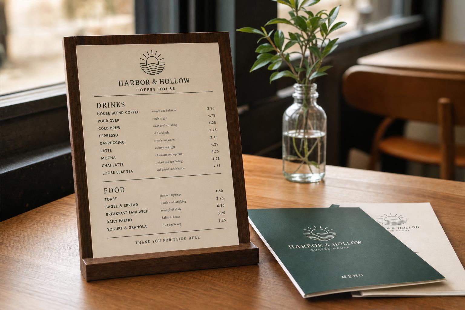 Custom branded menu board and printed menus with a venue logo.