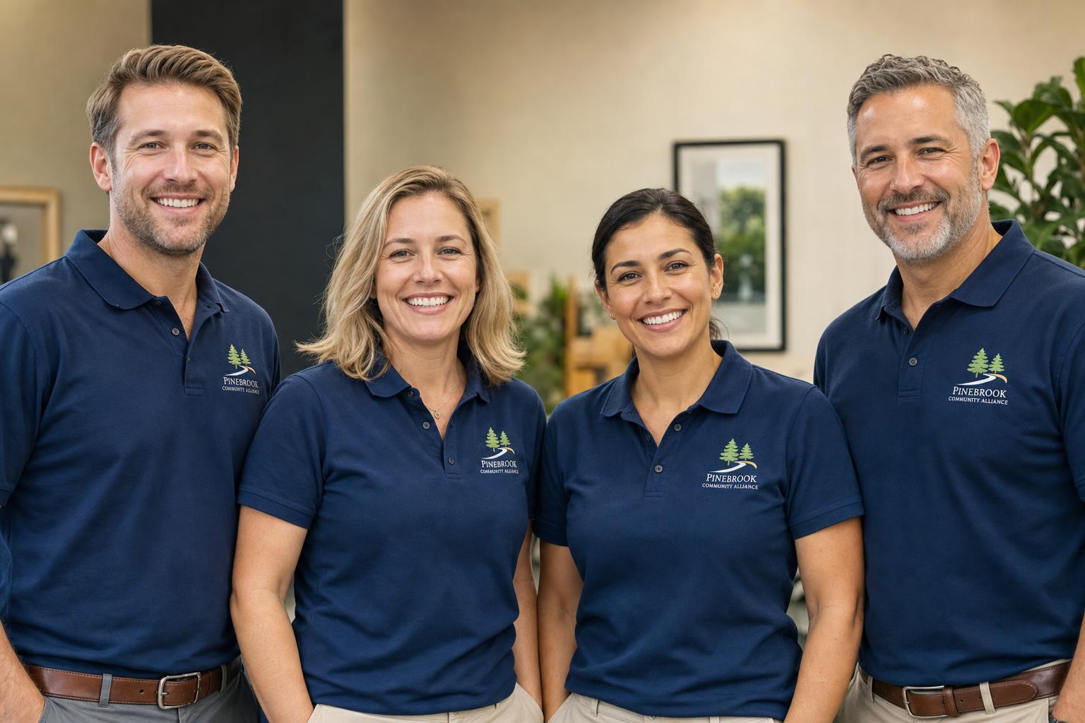 Team wearing matching custom polo shirts with an embroidered left-chest logo.