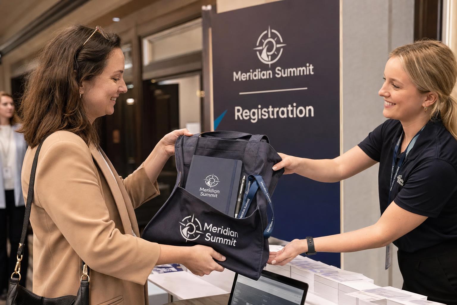 Conference attendee receiving a custom branded welcome pack with a notebook, pen and lanyard.