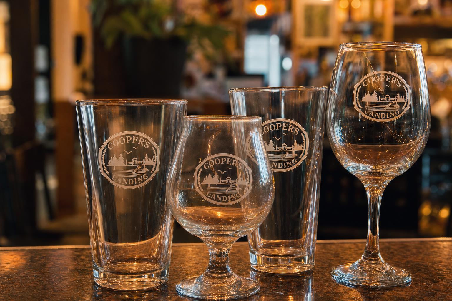 Custom branded pint glasses and stemware with an etched venue logo.