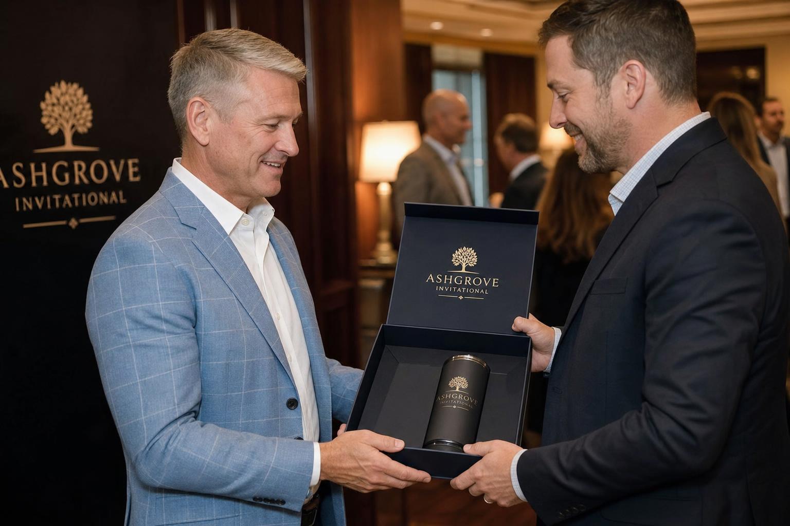 Sponsor receiving a premium custom branded gift in a branded presentation box.